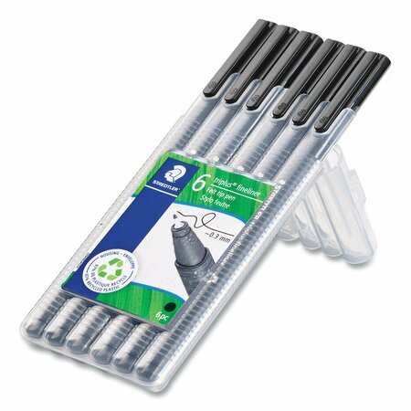 Staedtler Triplus Fineliner Marker Pen, Stick, Fine 0.3 mm, Black Ink, Clear Barrel, 6PK 3349SB6RA610